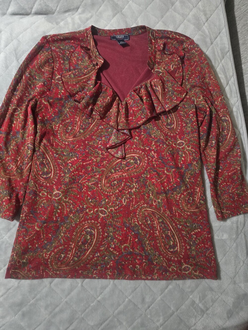 Chaps Red Paisley Ruffle V-Neck Blouse